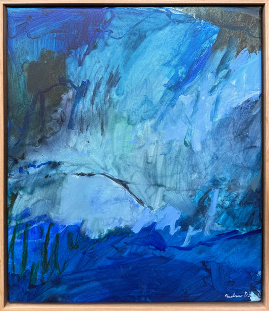 Abstract artwork titled "Tangled in Blue" by Prudence De Marchi features swirling blue and white brushstrokes on canvas.