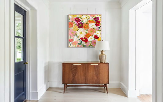 Abstract floral canvas art print featuring vibrant wild poppies by Prudence De Marchi, showcasing colorful, artistic flower imagery.