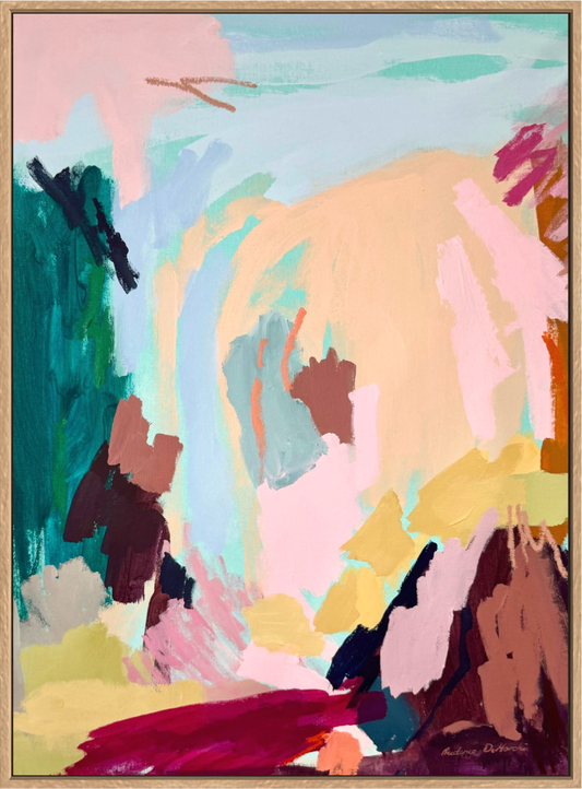 Abstract artwork titled "Find The Joy" by Prudence De Marchi, featuring vibrant colors and expressive brushstrokes on canvas.