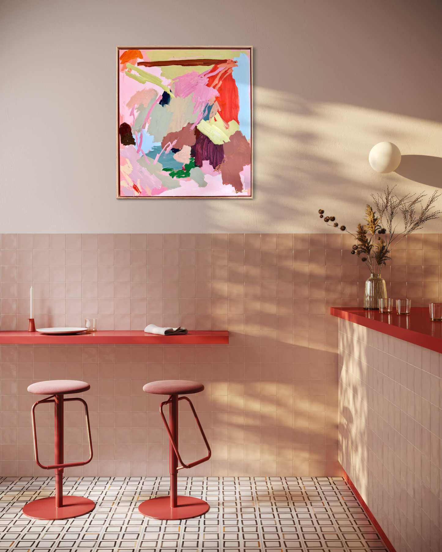 Abstract artwork titled "Don’t Let The Pink Win" by Prudence De Marchi, featuring bold pink and contrasting colors in a modern design.