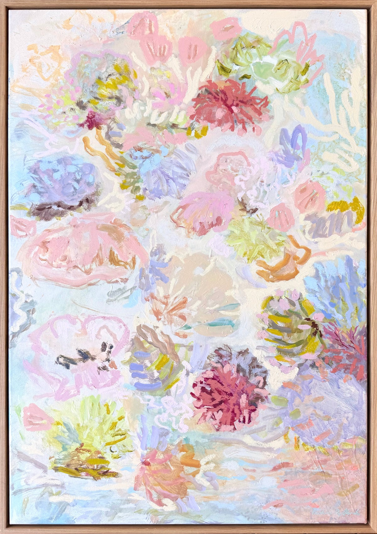 Beneath the Surface canvas art print by Prudence De Marchi: pink, lilac, pale blue and green abstract coral-like forms.