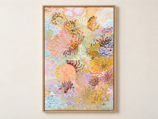 Coral Wanderings original abstract painting in a timber frame on a warm neutral wall.