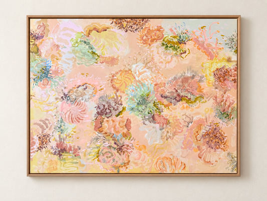Under the Waves original landscape abstract painting in a timber frame on a softly lit neutral wall.