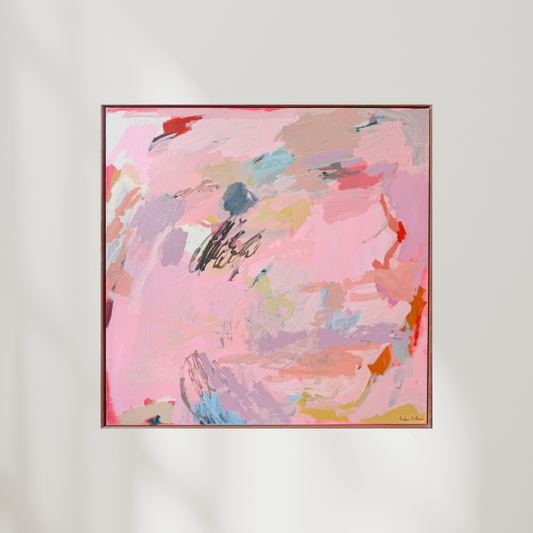 Abstract original artwork by Prudence De Marchi featuring vibrant, colorful brushstrokes on canvas titled "Escape the Mundane."