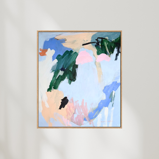 Abstract artwork titled "Let the Light In" by Prudence De Marchi featuring soft, luminous colors and flowing shapes on canvas.