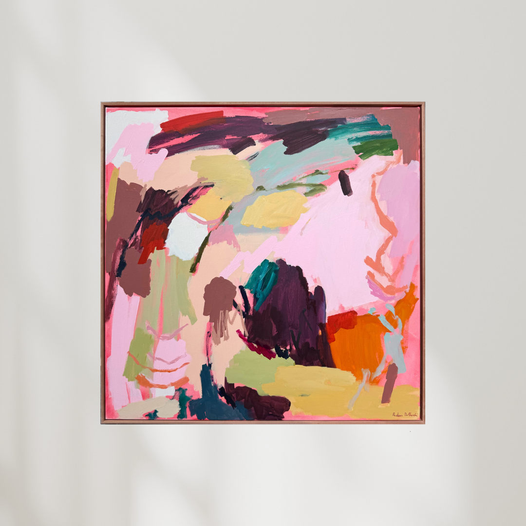 Abstract original artwork by Prudence De Marchi titled "Escape the Mundane" featuring vibrant, swirling colors and dynamic brushstrokes.