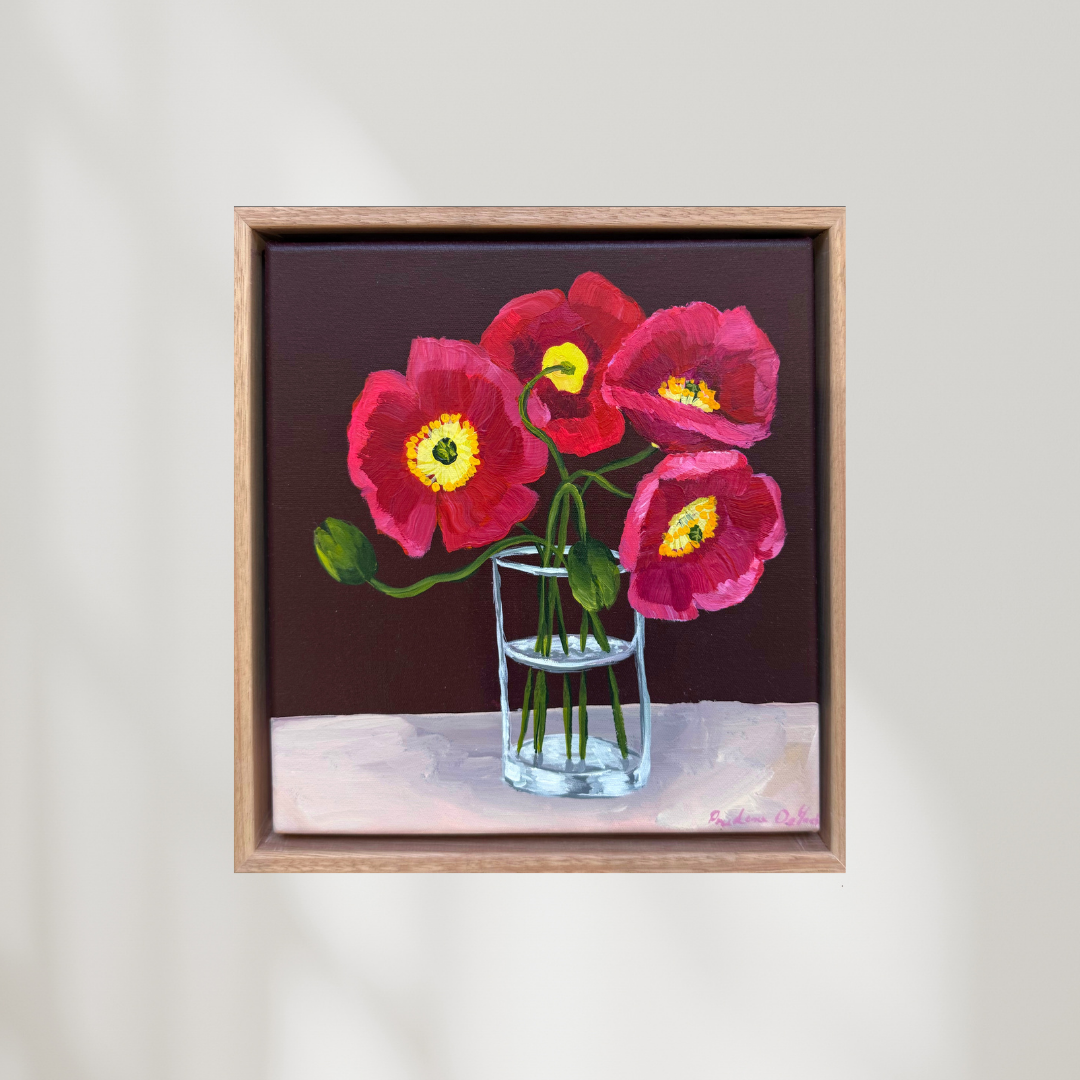 Original floral artwork of sweet poppies by Prudence De Marchi, vibrant poppy flowers in detailed watercolor style.