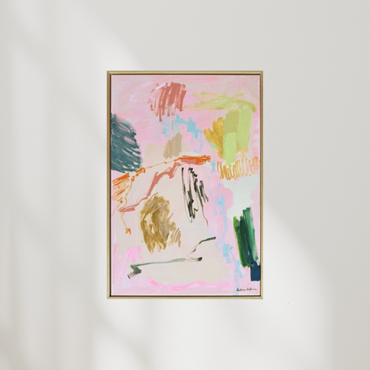 Abstract artwork titled "Forever Feeling" by Prudence De Marchi, featuring vibrant, flowing colors and textured brushstrokes.