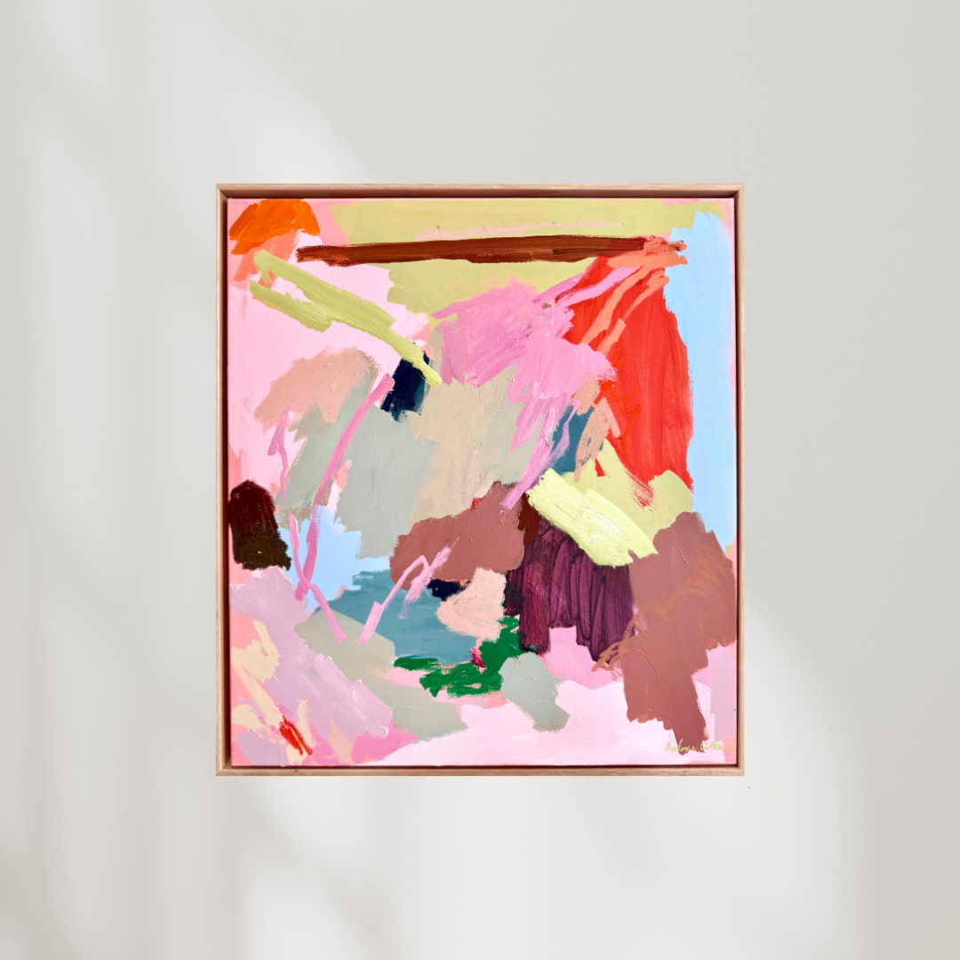 Abstract artwork titled "Don’t Let The Pink Win" by Prudence De Marchi, featuring bold pink, black, and white brushstrokes on canvas.