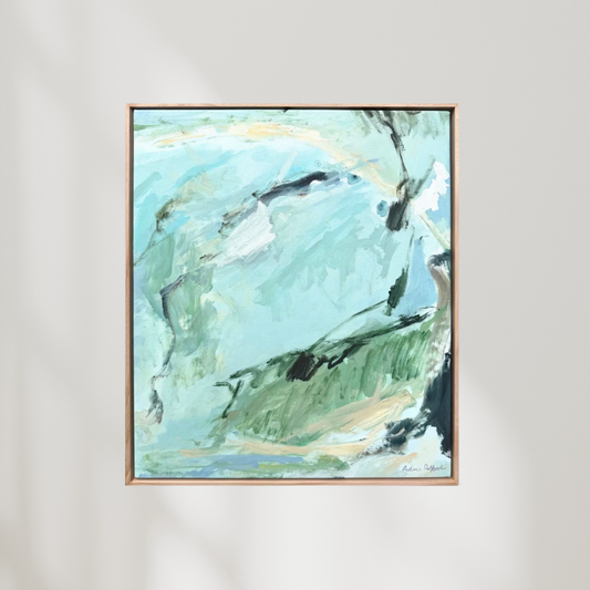 Abstract artwork titled Lagoon Thoughts by Prudence De Marchi featuring flowing blue and green watercolor shapes on textured paper.