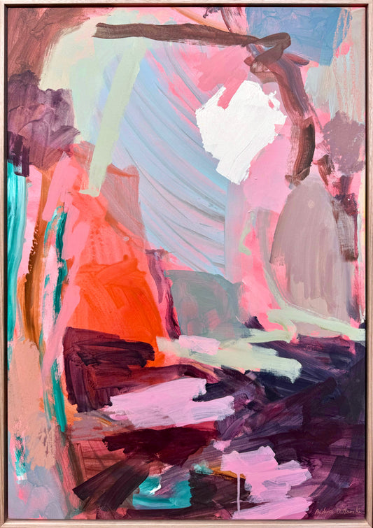 Abstract original artwork titled "She Dreams in Colour" by Prudence De Marchi, featuring vibrant, colorful brushstrokes on canvas.