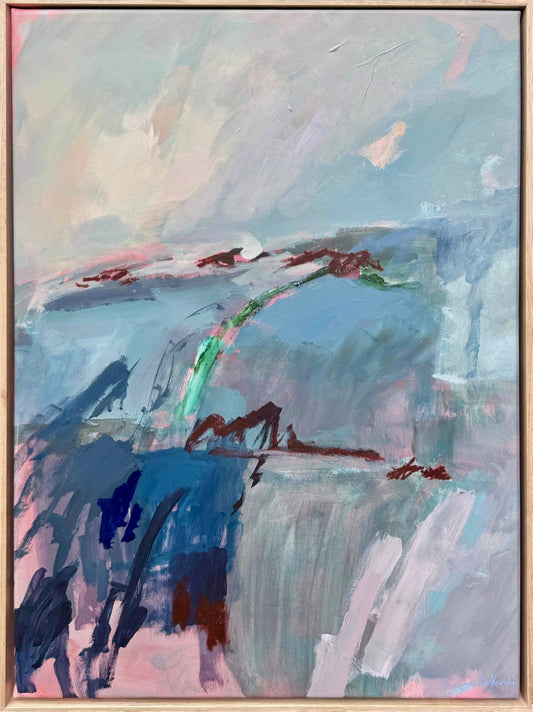 Abstract artwork titled Forget Me Not by Prudence De Marchi, featuring vibrant, fluid blue and yellow brushstrokes on canvas.