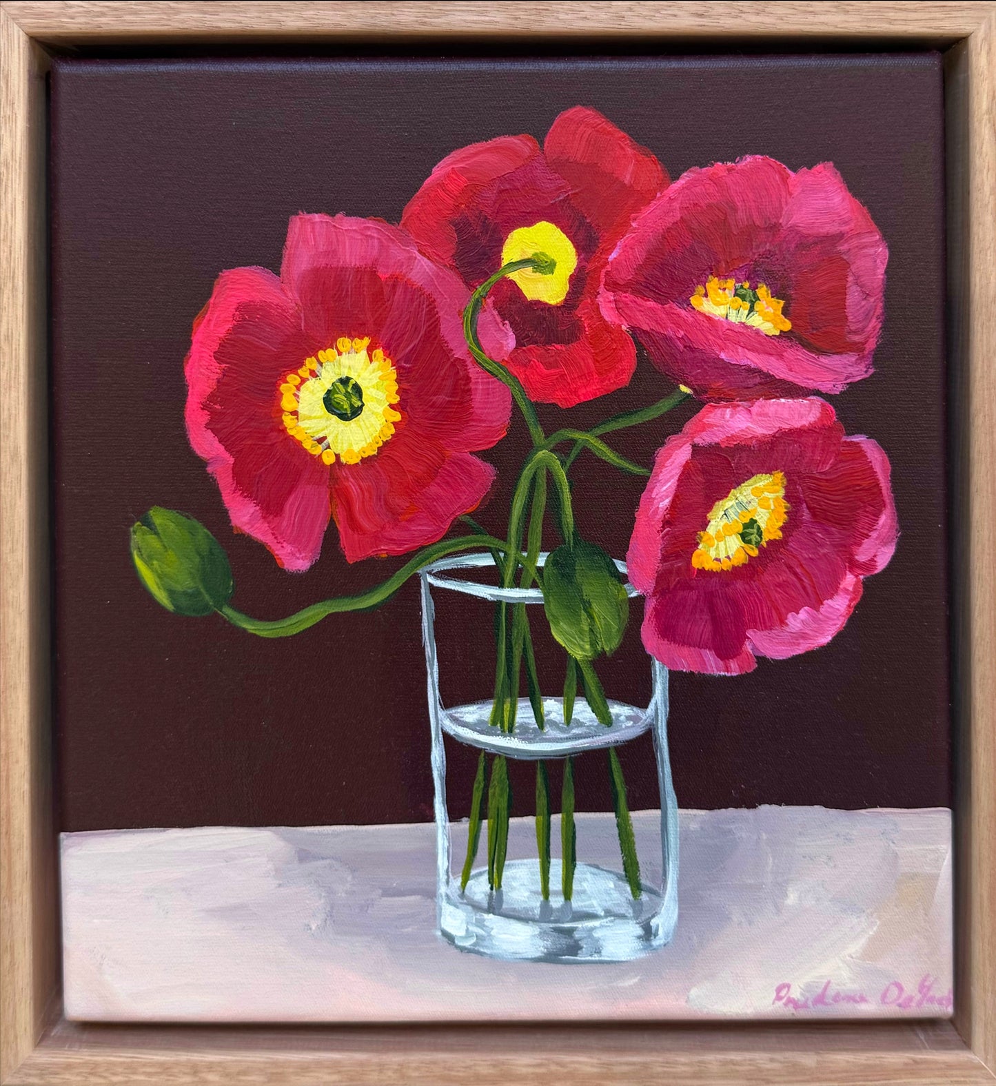 Original floral artwork of sweet poppies by Prudence De Marchi, featuring vibrant red poppies against a soft background.