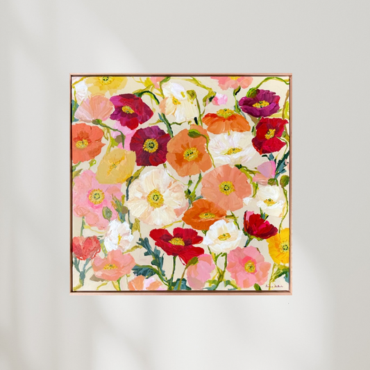 Abstract floral canvas art print featuring vibrant wild poppies by Prudence De Marchi, showcasing colorful poppy flowers on a textured canvas.