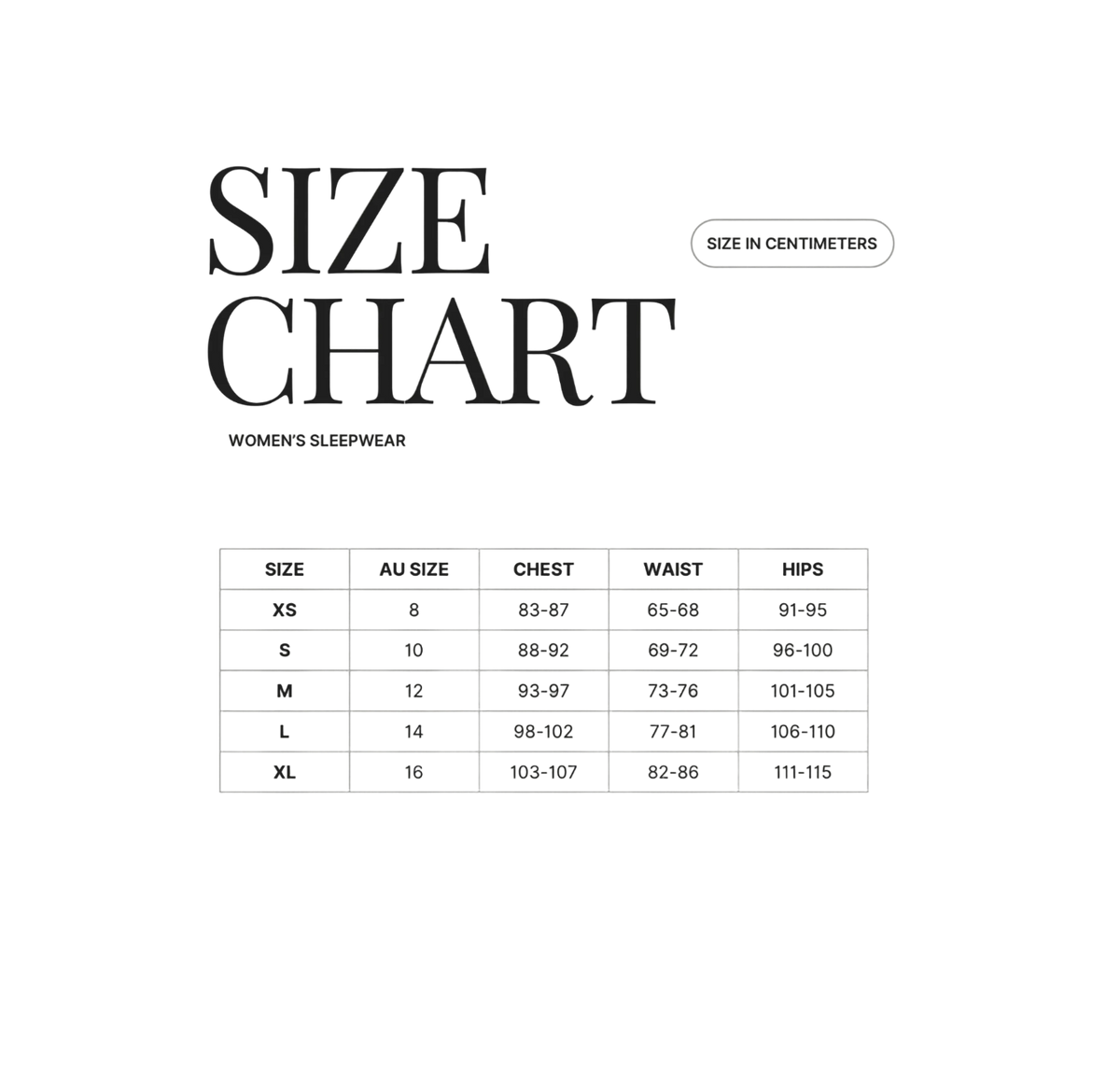 Size chart for women's sleepwear with measurements in centimeters.