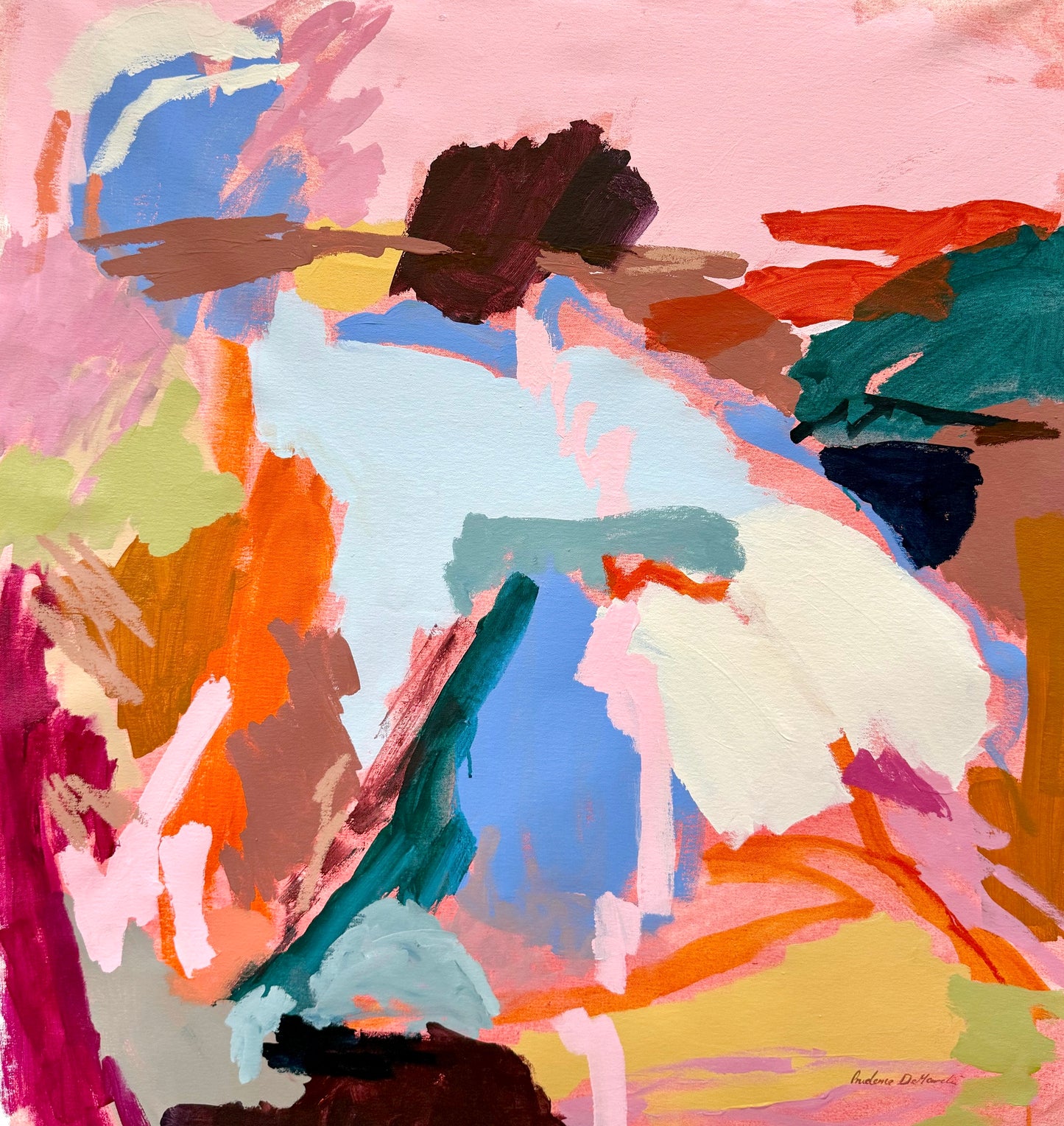 Original abstract artwork titled "Dance Around" by Prudence De Marchi, featuring vibrant, dynamic brushstrokes and colorful patterns.