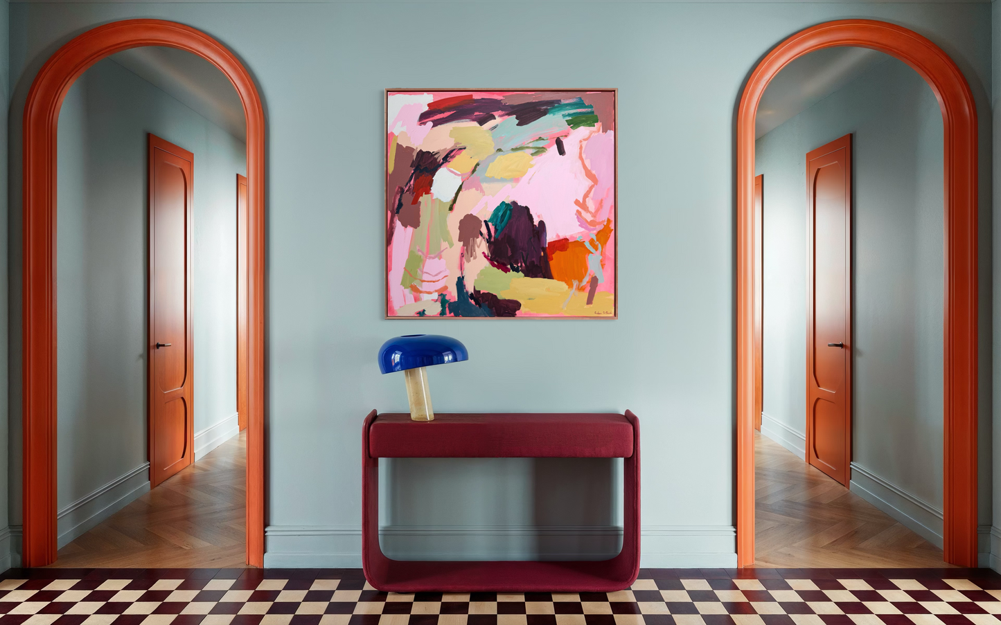 Abstract artwork titled "Escape the Mundane" by Prudence De Marchi, featuring vibrant colors and dynamic brushstrokes on canvas.