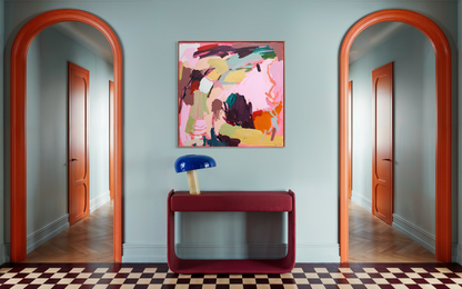 Abstract artwork titled "Escape the Mundane" by Prudence De Marchi, featuring vibrant colors and dynamic brushstrokes on canvas.