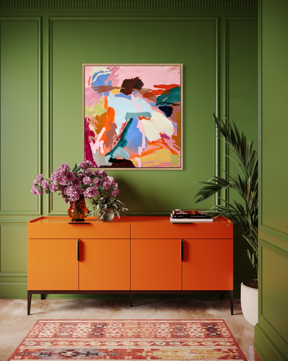 Abstract artwork titled "Dance Around" by Prudence De Marchi, featuring vibrant, flowing colors and dynamic brushstrokes.