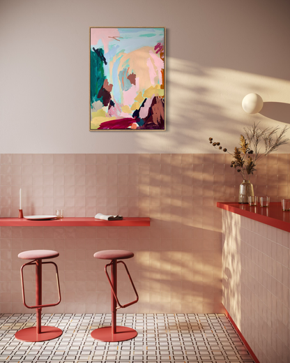 Abstract artwork titled "Find The Joy" by Prudence De Marchi featuring vibrant, colorful brushstrokes on canvas.