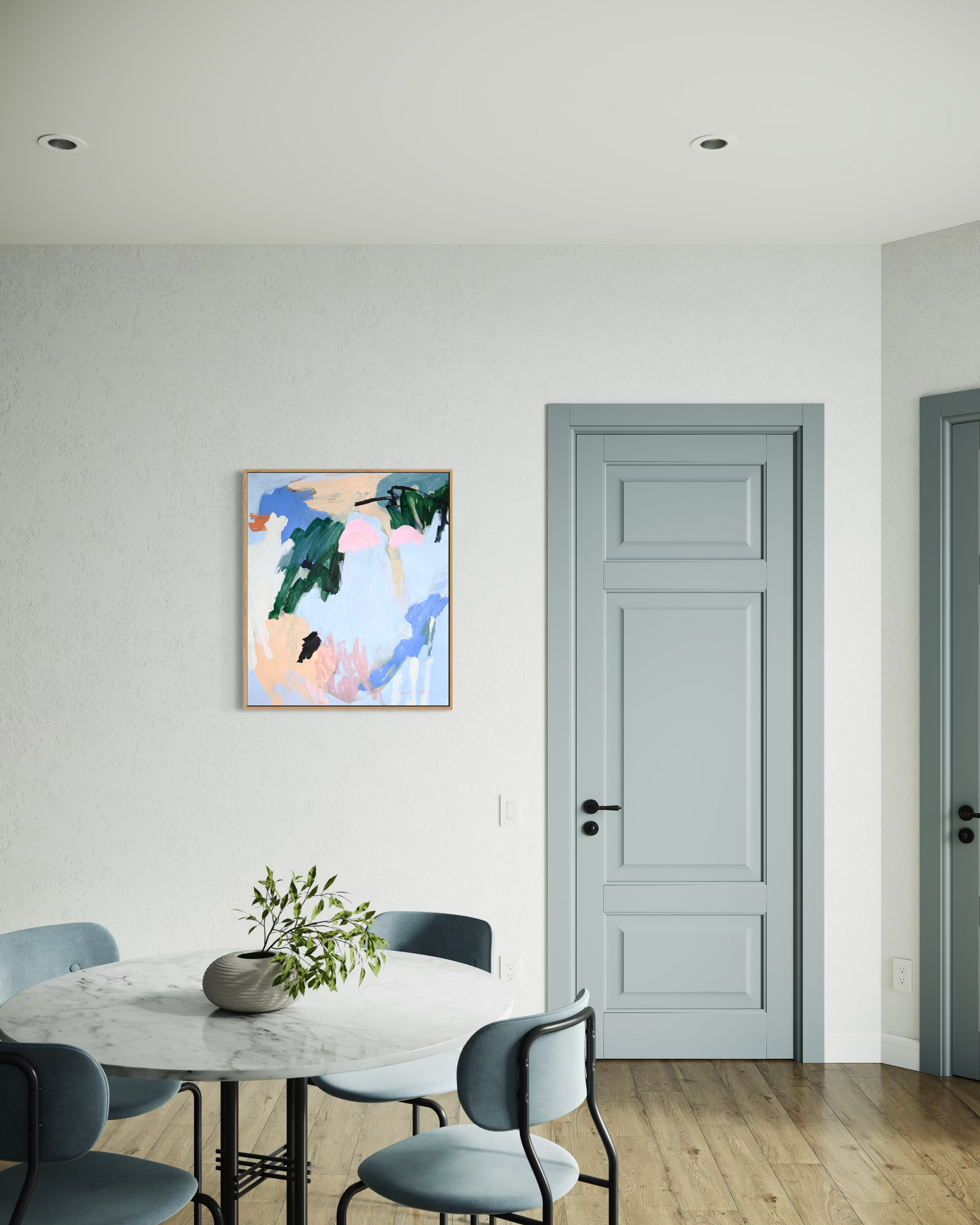 Abstract artwork titled "Let the Light In" by Prudence De Marchi, featuring vibrant colors and flowing shapes on a canvas.
