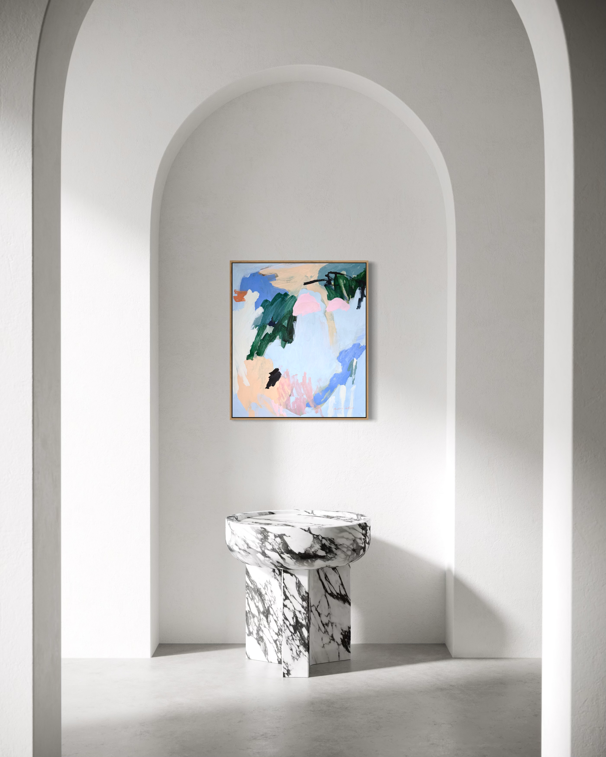 Original abstract artwork titled "Let the Light In" by Prudence De Marchi, featuring vibrant, luminous watercolor-inspired colors.