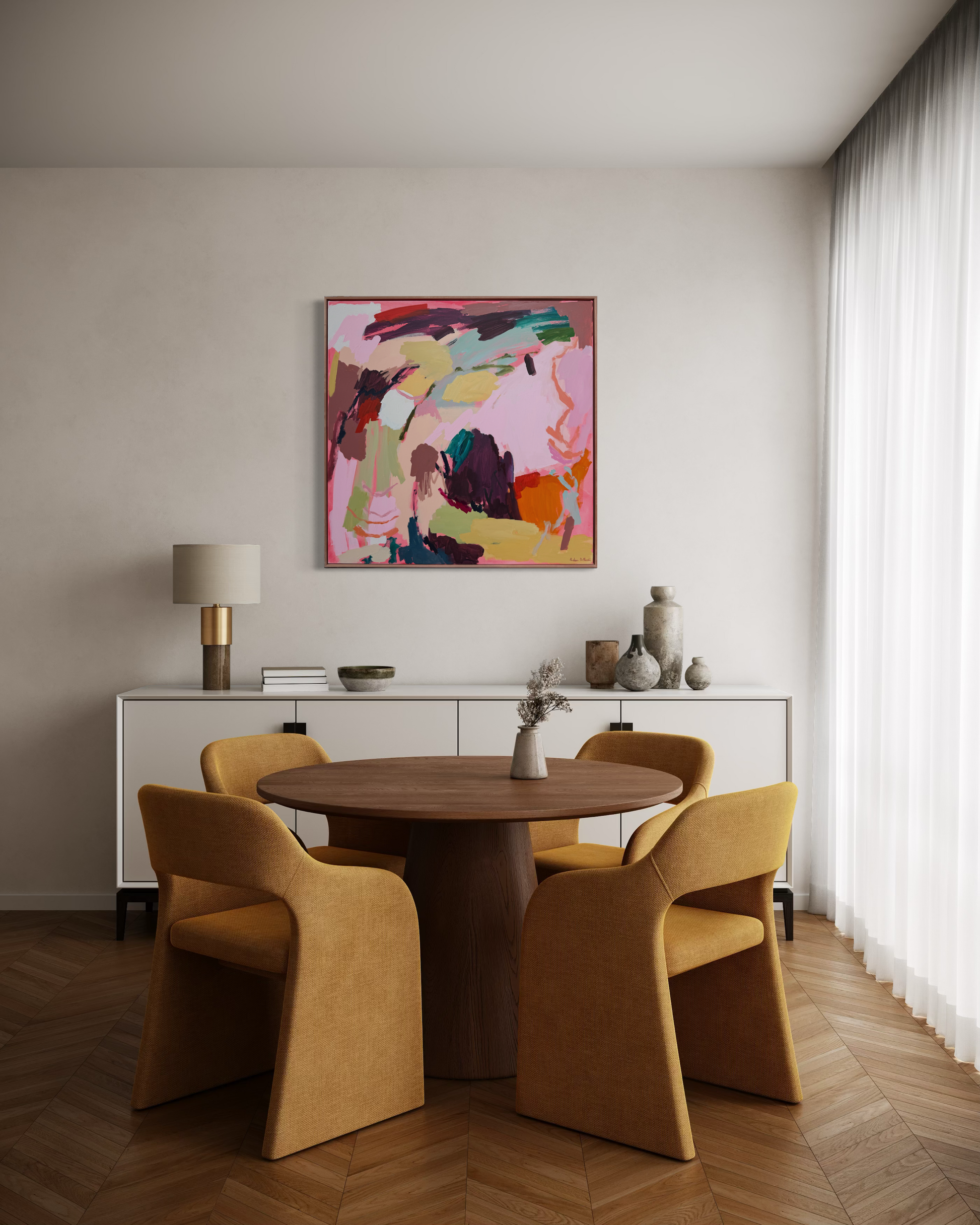Abstract original artwork by Prudence De Marchi featuring vibrant, flowing colors and dynamic shapes on a canvas.
