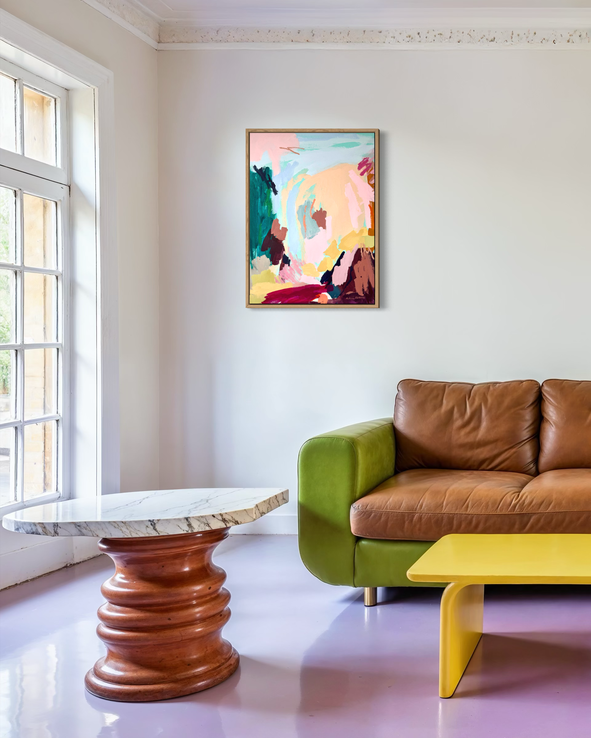 Abstract artwork titled "Find The Joy" by Prudence De Marchi featuring vibrant, colorful brushstrokes on canvas.