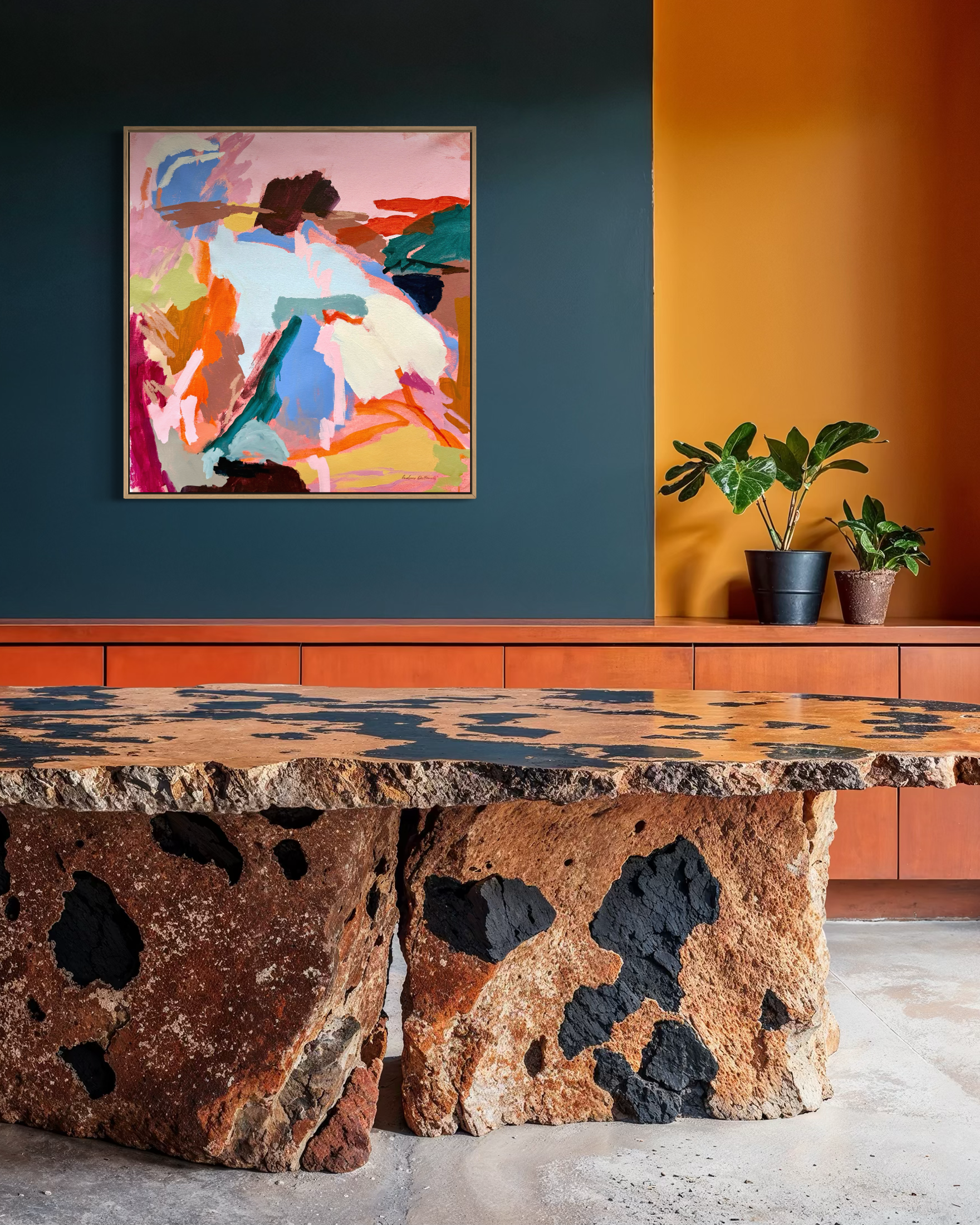 Abstract dance-inspired artwork by Prudence De Marchi featuring flowing shapes and vibrant colors on a white background.