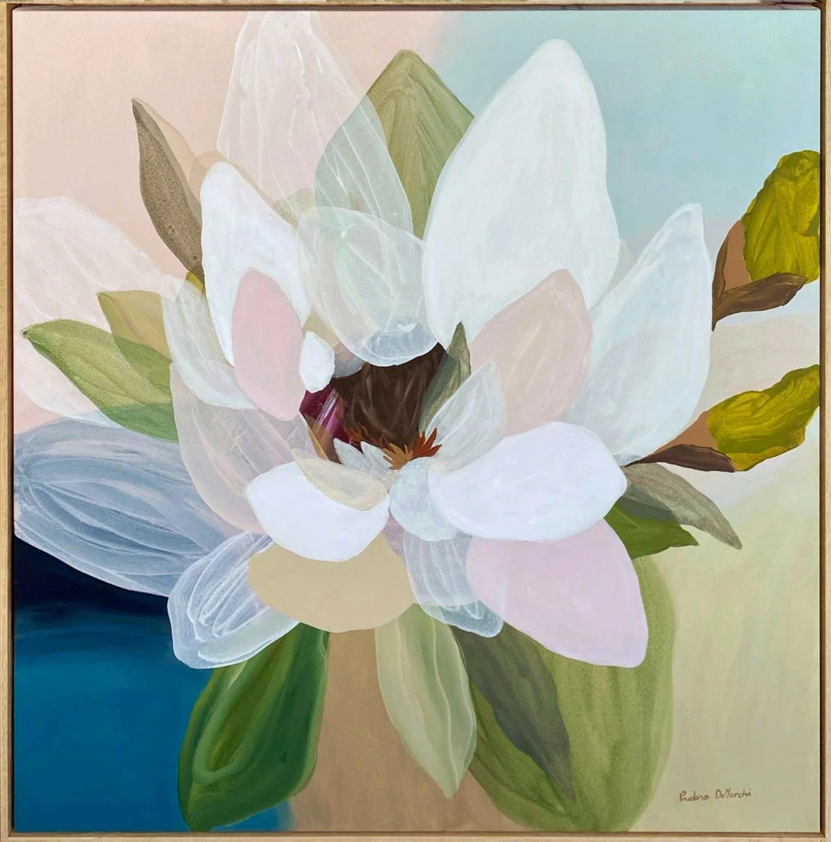 An acrylic painting of a magnolia flower with layered white, pale pink, and green petals, set against a split background of beige and blue, framed in a thin brown border.