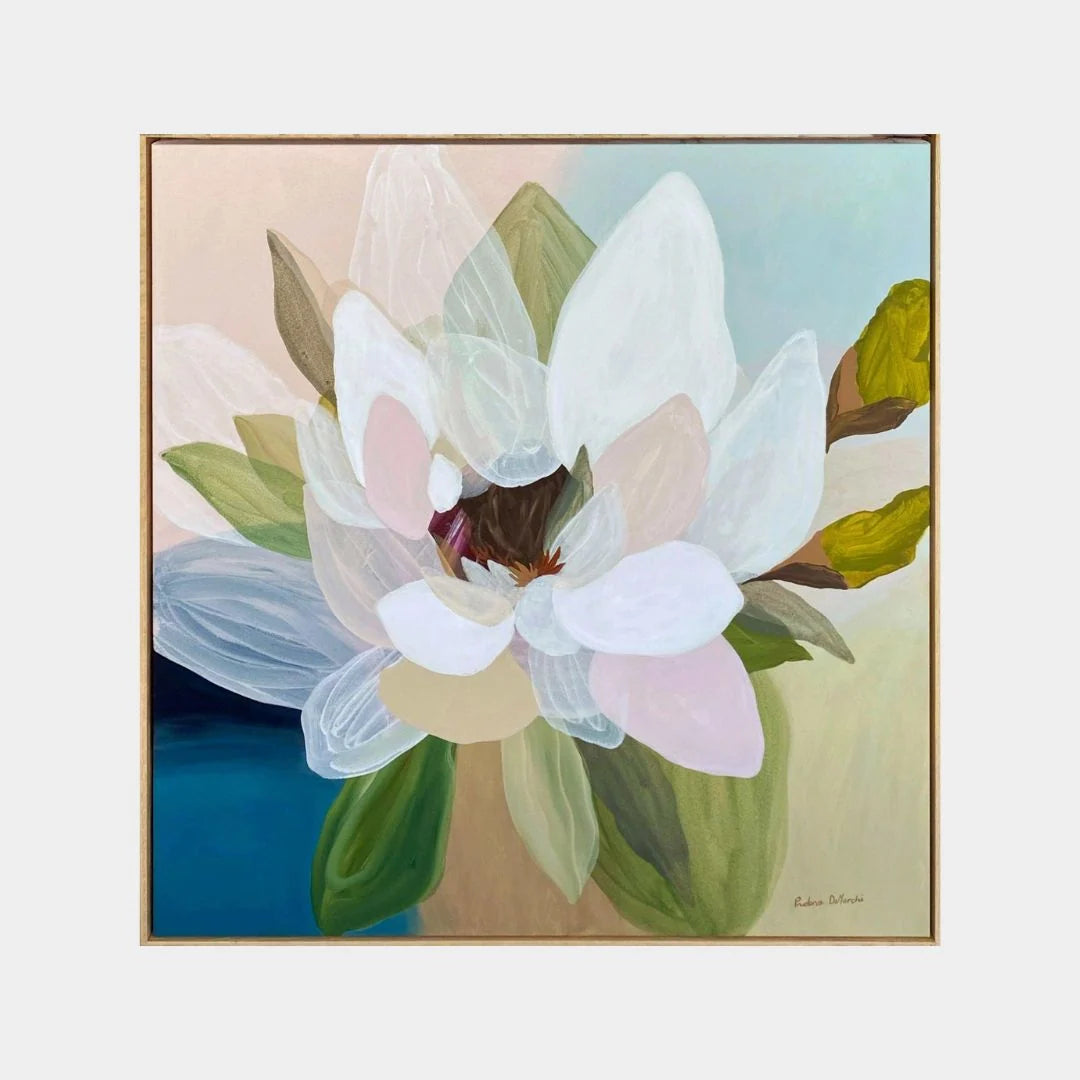Canvas print of an abstract Magnolia flower in blues, greens and whites.