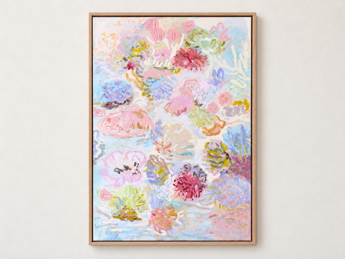 Beneath the Surface original abstract painting in a timber frame on a softly lit neutral wall.