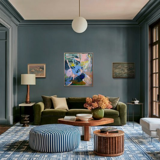 Blue Proceedings original abstract artwork by Prudence De Marchi featuring vibrant blue and textured brushstrokes on canvas.