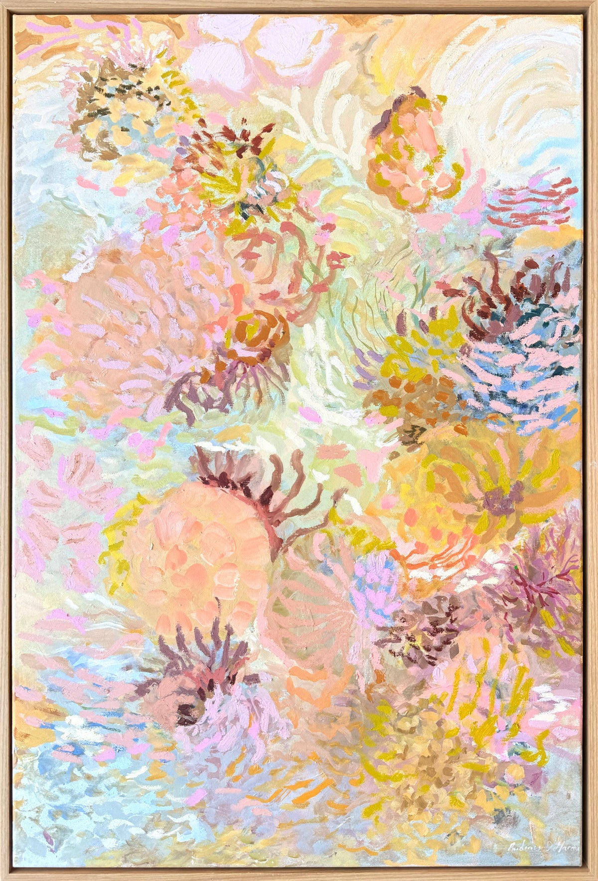 Coral Wanderings by Prudence De Marchi: coral pink, peach, yellow, aqua and lilac abstract forms in an oak frame.