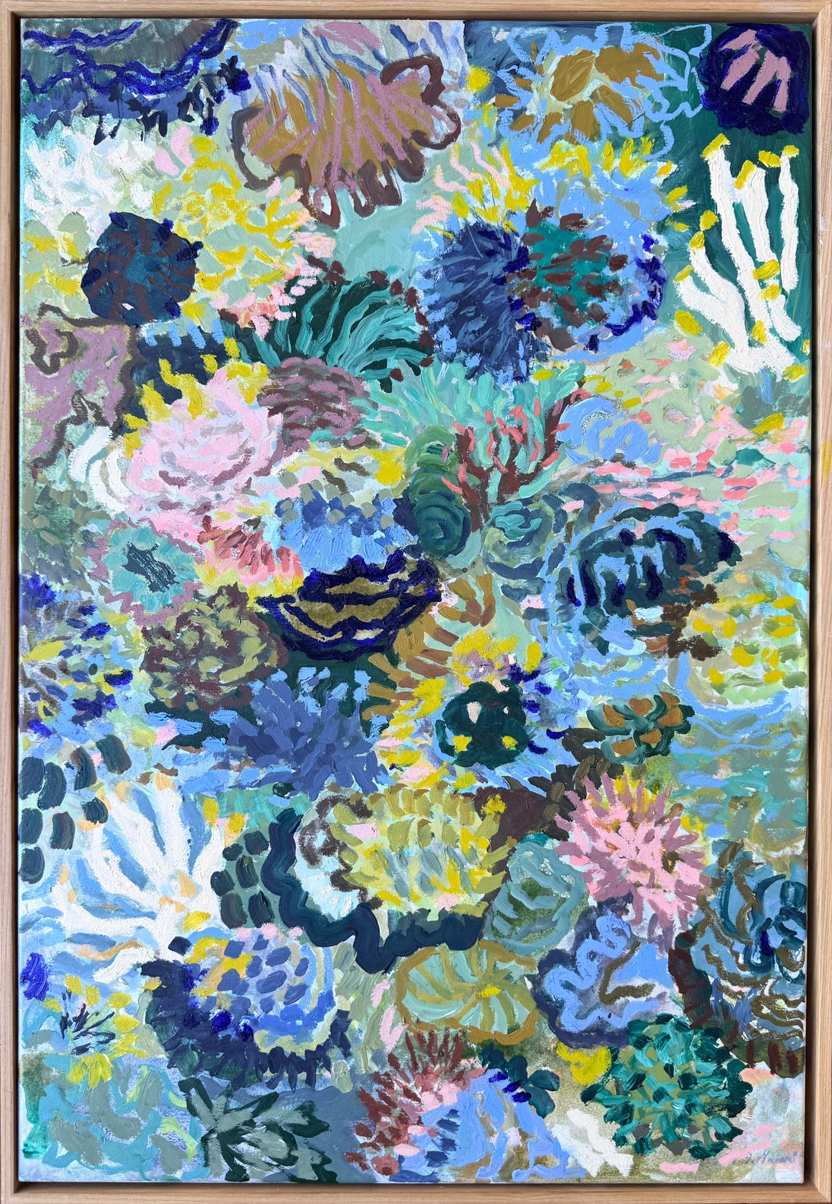 Exploring the Depths by Prudence De Marchi: cobalt, turquoise and green coral-like forms with pink and yellow accents.
