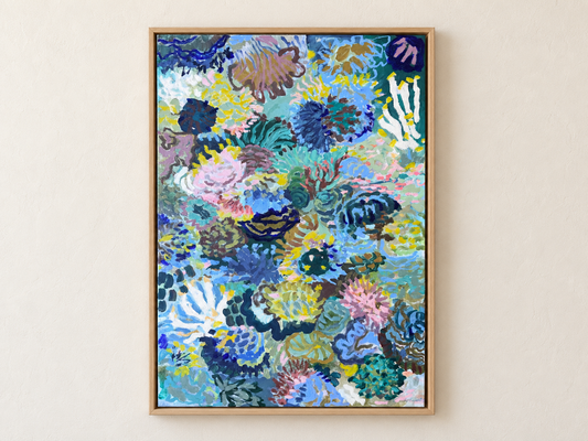 Exploring the Depths original abstract painting in a timber frame on a softly lit neutral wall.