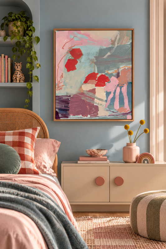 Abstract artwork by Prudence De Marchi titled "Finding Her Way," featuring vibrant colors and flowing shapes on canvas.