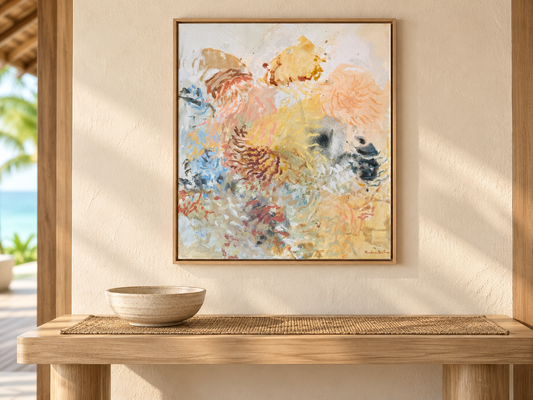 Golden Hour by Prudence De Marchi, a yellow, peach and blue abstract painting above a timber console.