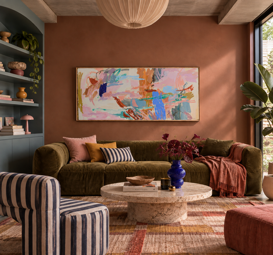 Original abstract artwork by Prudence De Marchi titled “Let’s Escape” featuring vibrant, flowing colors and dynamic brushstrokes.