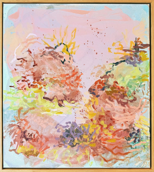 Treasures by Prudence De Marchi: coral pink, lilac, aqua and yellow-green abstract forms in an oak frame.