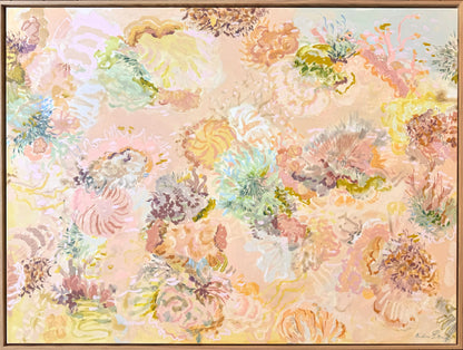 Under the Waves canvas art print by Prudence De Marchi: peach, blush pink, yellow and aqua abstract coral-like forms.