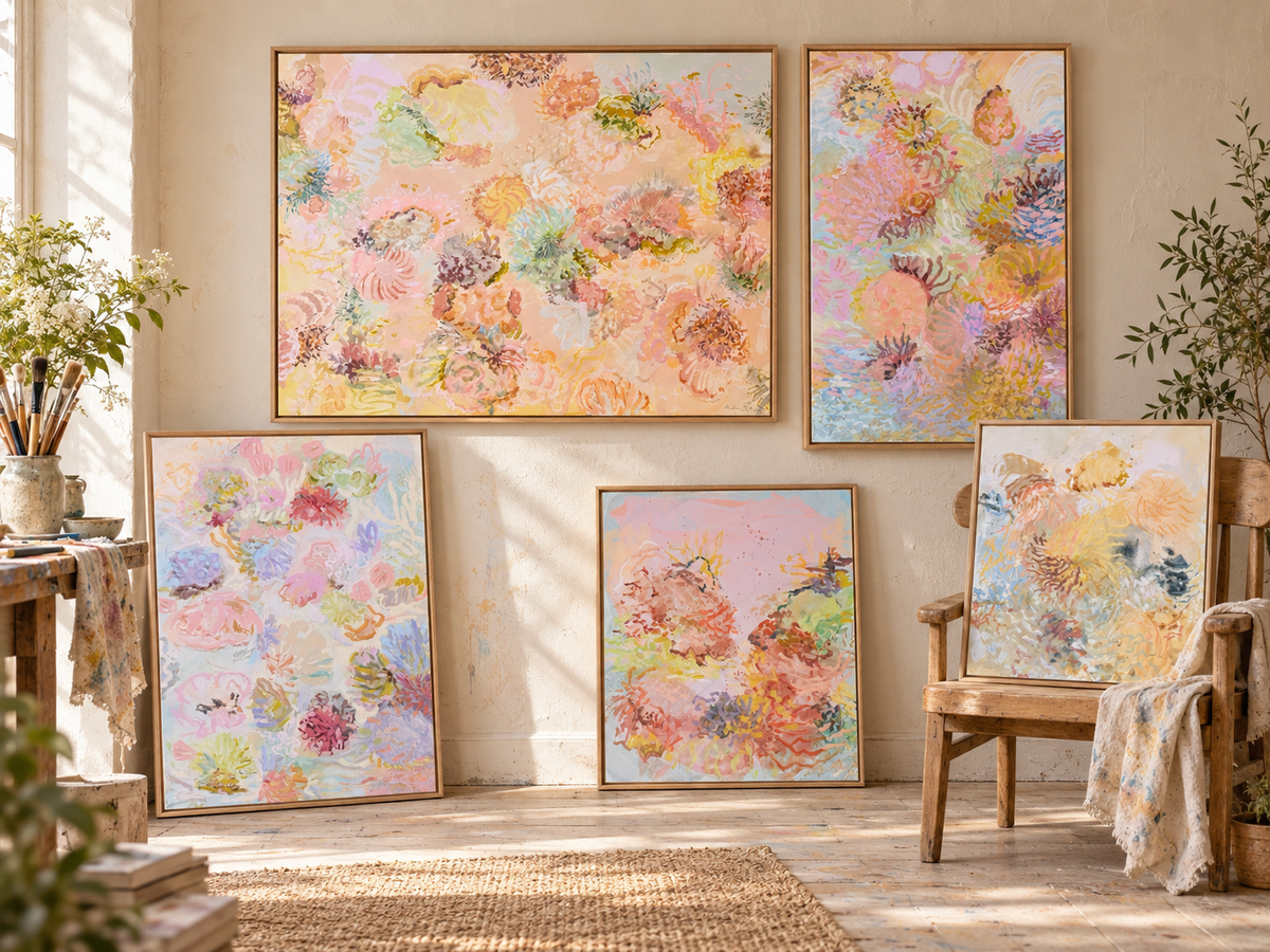 Under the Waves displayed with four other FLOAT paintings in a softly lit studio setting.