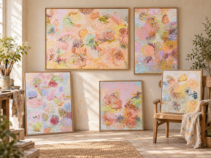 Under the Waves displayed with four other FLOAT paintings in a softly lit studio setting.