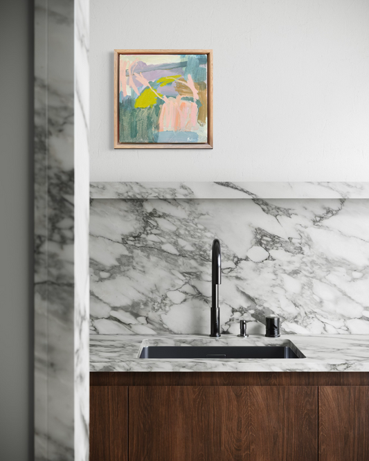 Abstract original artwork titled "Where the Light Touches" by Prudence De Marchi, featuring soft, luminous brushstrokes and subtle color blending.